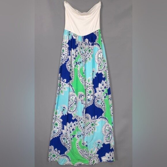 Francesca's Collection Women's Strapless Maxi Dress SMALL Paisley Blue USA MADE Francesca's Collection Women's Strapless Maxi Dress SMALL Paisley Blue USA MADE